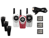 Cobra ACXT360 Ships with 3 radios, 3  belt clips, 3 sets of batteries, and a charging cord