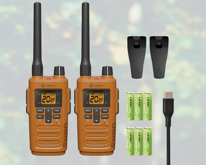 Contents of Cobra Traiblazer 250 GMRS Radio retail package include 2 radios, belt clips, rechargeable AA Batteries, and charge cable