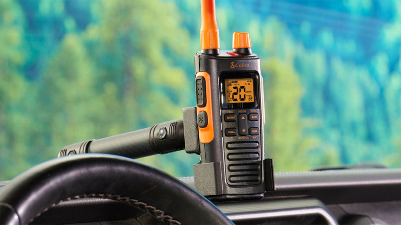 Cobra Trailblazer 450 GMRS radio mounted to vehicle dash