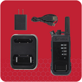 Contents of Cobra Performa business radio package include one radio, power adapter, usb plug, and charging dock