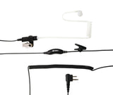 Shows a surveillance-style flexible in-ear headset with a dual prong connector, coiled cord, shirt clip, lapel clip, and activation button