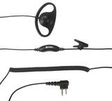 Shows a D-style over the ear headset with dual prong connector, coiled cord, shirt clip, and activation button