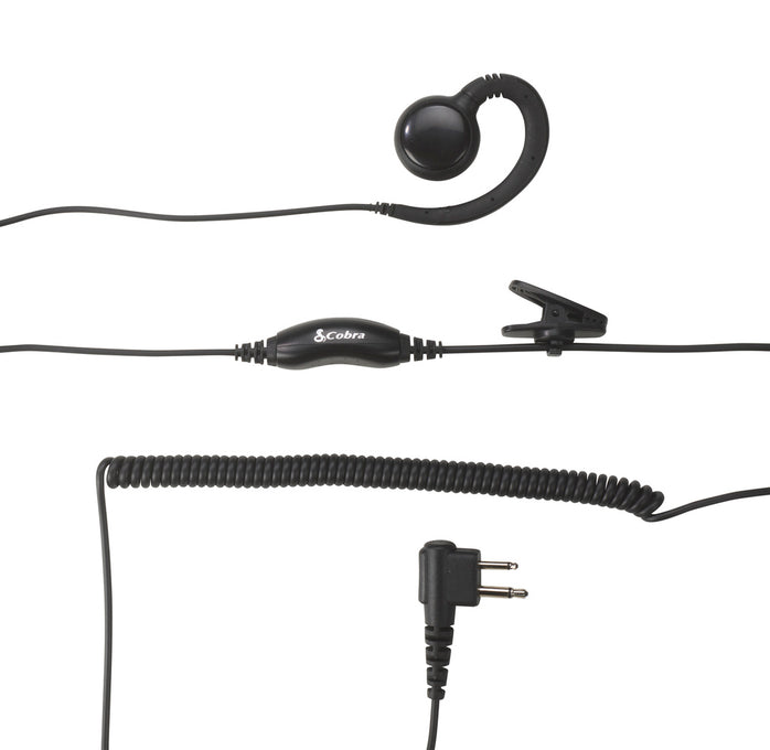 Shows a C-Style Around the ear headset with a dual prong connector, coiled cord, clothes clip, and activation button